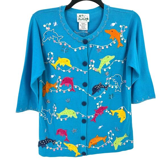 Quacker Factory Embellished Sequin Dolphin Sea Theme Cardigan Sweater Size M - Picture 1 of 7